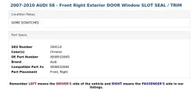 4e0853284d Audi 2007-2010 S8 - Front Right Exterior Door Window Slot Seal / Trim #3