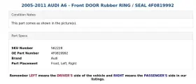 4f0819992 Audi 2005-2011 A6 - Front Door Rubber Ring / Seal #3 4f0819992 Audi 2005-2011 A6 - Front Door Rubber Ring / Seal #3