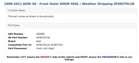 4f0837911b Audi 2009-2011 S6 - Front Outer Door Seal / Weather Stripping #3