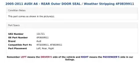 4f0839911 Audi 2005-2011 A6 - Rear Outer Door Seal / Weather Stripping #3