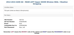 4g5839439c Audi 2012-2015 A6 - Rear Left Upper Door Window Seal / Weather Stripping #3