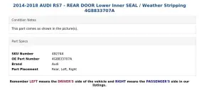 4g8833707a Audi 2014-2018 Rs7 - Rear Door Lower Inner Seal / Weather Stripping #3