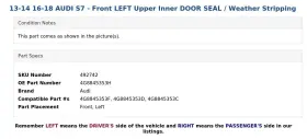 4g8845353h Audi 13-14 16-18 S7 - Front Left Upper Inner Door Seal / Weather Stripping #3