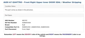 4g8845354h Audi A7 Quattro - Front Right Upper Inner Door Seal / Weather Stripping #3