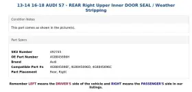 4g8845696h Audi 13-14 16-18 S7 - Rear Right Upper Inner Door Seal / Weather Stripping #3