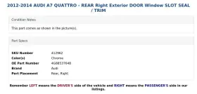 4g8853764b Audi 2012-2014 A7 Quattro - Rear Right Exterior Door Window Slot Seal / Trim #3
