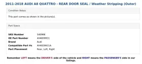 4h4839911 Audi 2011-2018 A8 Quattro - Rear Door Seal / Weather Stripping Outer #3 4h4839911 Audi 2011-2018 A8 Quattro - Rear Door Seal / Weather Stripping Outer #3