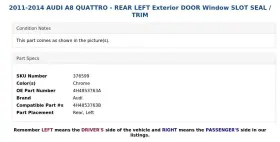 4h4853763a Audi 2011-2014 A8 Quattro - Rear Left Exterior Door Window Slot Seal / Trim #3