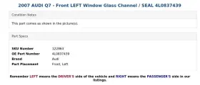 4l0837439 Audi 2007 Q7 - Front Left Window Glass Channel / Seal #3