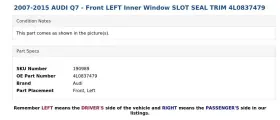 4l0837479 Audi 2007-2015 Q7 - Front Left Inner Window Slot Seal Trim #3