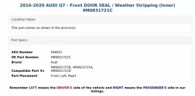 4m0831721c Audi 2016-2020 Q7 - Front Door Seal / Weather Stripping Inner #3