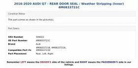 4m0833721c Audi 2016-2020 Q7 - Rear Door Seal / Weather Stripping Inner #3