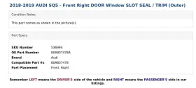80a837478a Audi 2018-2019 Sq5 - Front Right Door Window Slot Seal / Trim Outer #3
