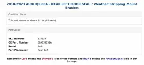 80a839151a Audi 2018-2023 Q5 80a - Rear Left Door Seal / Weather Stripping Mount Bracket #3