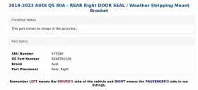 80a839152a Audi 2018-2023 Q5 80a - Rear Right Door Seal / Weather Stripping Mount Bracket #3