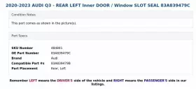 83a839479c Audi 2020-2023 Q3 - Rear Left Inner Door / Window Slot Seal #3