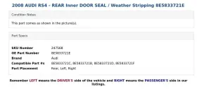8e5833721e Audi 2008 Rs4 - Rear Inner Door Seal / Weather Stripping #2