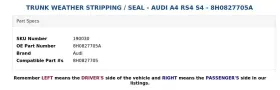 8h0827705a Audi Trunk Weather Stripping / Seal - A4 Rs4 S4 #3