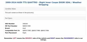 8j8831708c Audi 2009-2014 Tts Quattro - Right Inner Coupe Door Seal / Weather Stripping #3