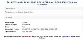 8k9833721k Audi 2013-2015 A4 Allroad 2.0l - Rear Inner Door Seal / Weather Stripping #2