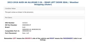 8k9839911p Audi 2013-2016 A4 Allroad 2.0l - Rear Left Door Seal / Weather Stripping Outer #3