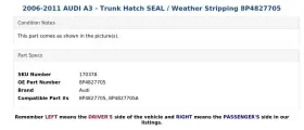 8p4827705 Audi 2006-2011 A3 - Trunk Hatch Seal / Weather Stripping #3
