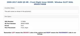 8r0837480b Audi 2009-2017 Q5 8r - Front Right Inner Door / Window Slot Seal #3