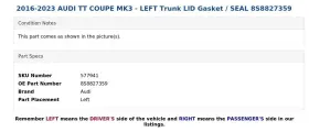 8s8827359 Audi 2016-2023 Tt Coupe Mk3 - Left Trunk Lid Gasket / Seal #3