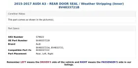 8v4833721b Audi 2015-2017 A3 - Rear Door Seal / Weather Stripping Inner #3