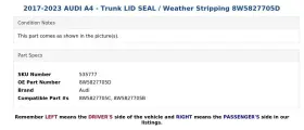 8w5827705d Audi 2017-2023 A4 - Trunk Lid Seal / Weather Stripping #3