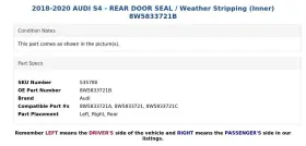 8w5833721b Audi 2018-2020 S4 - Rear Door Seal / Weather Stripping Inner #3