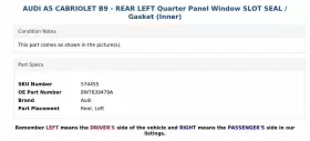 8w7839479a Audi A5 Cabriolet B9 - Rear Left Quarter Panel Window Slot Seal / Gasket Inner #3