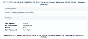 8w7839480a Audi 2017-2022 A5 Cabriolet B9 - Quarter Panel Window Slot Seal / Gasket Inner #3