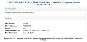 8y5833721b Audi 2022-2024 A3 8y - Rear Door Seal / Weather Stripping Inner #3