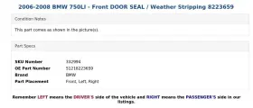 51218223659 Bmw 2006-2008 750li - Front Door Seal / Weather Stripping 8223659 #3