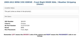 51337157250 Bmw 2009-2013 335i Xdrive - Front Right Door Seal / Weather Stripping Outer #3 51337157250 Bmw 2009-2013 335i Xdrive - Front Right Door Seal / Weather Stripping Outer #3