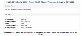 51337258312 Bmw 2016-2018 340i - Front Door Seal / Weather Stripping 7258312 #3