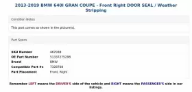 51337275298 Bmw 2013-2019 640i Gran Coupe - Front Right Door Seal / Weather Stripping #2