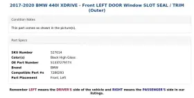 51337279773 Bmw 2017-2020 440i Xdrive - Front Left Door Window Slot Seal / Trim Outer #3