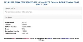 51337336009 Bmw 2016-2022 750i Xdrive G12 - Front Left Exterior Door Window Slot Seal / Trim #3