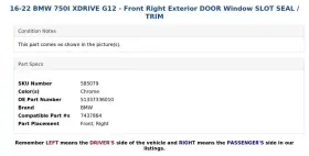 51337336010 Bmw 16-22 750i Xdrive G12 - Front Right Exterior Door Window Slot Seal / Trim #3