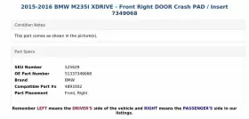 51337349068 Bmw 2015-2016 M235i Xdrive - Front Right Door Crash Pad / Insert 7349068 #3