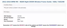 51357182298 Bmw 2012-2016 M5 - Rear Right Door Window Frame Guide / Seal 7182298 #3