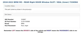 51357336984 Bmw 2018-2022 M5 - Rear Right Door Window Slot / Seal Inner 7336984 #3 51357336984 Bmw 2018-2022 M5 - Rear Right Door Window Slot / Seal Inner 7336984 #3