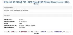 51357352842 Bmw 328i Gt Xdrive F34 - Rear Right Door Window Glass Channel / Seal Inner #3