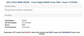 51717278194 Bmw 2017-2019 M240i - Front Right Door Crash Pad / Insert 7278194 #3