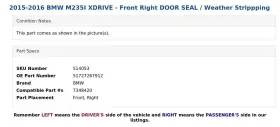 51727267912 Bmw 2015-2016 M235i Xdrive - Front Right Door Seal / Weather Strippping #3 51727267912 Bmw 2015-2016 M235i Xdrive - Front Right Door Seal / Weather Strippping #3