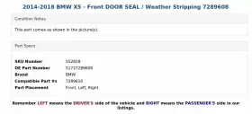 51727289608 Bmw 2014-2018 X5 - Front Door Seal / Weather Stripping 7289608 #3