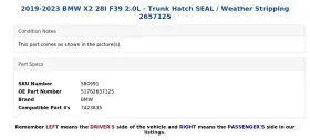 51762657125 Bmw 2019-2023 X2 28i F39 2.0l - Trunk Hatch Seal / Weather Stripping 2657125 #3