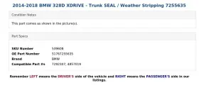 51767255635 Bmw 2014-2018 328d Xdrive - Trunk Seal / Weather Stripping 7255635 #3